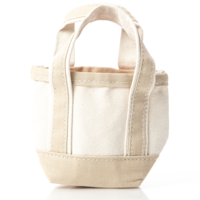 off white mini tote bag with khaki handles and trim
