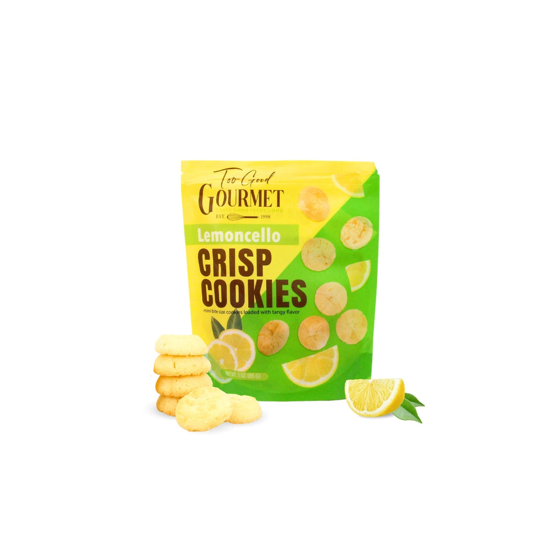 Packaging of Lemoncello Crisp Cookies with cookies and lemon slices on a white background