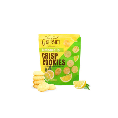 Packaging of Lemoncello Crisp Cookies with cookies and lemon slices on a white background