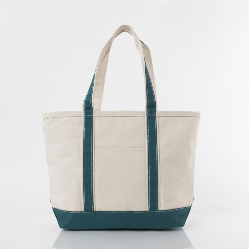 off white tote with teal green trim and handles