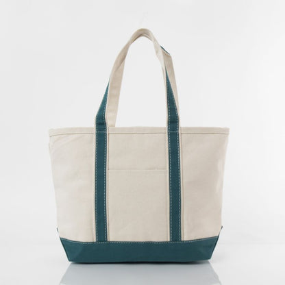 off white tote with teal green trim and handles