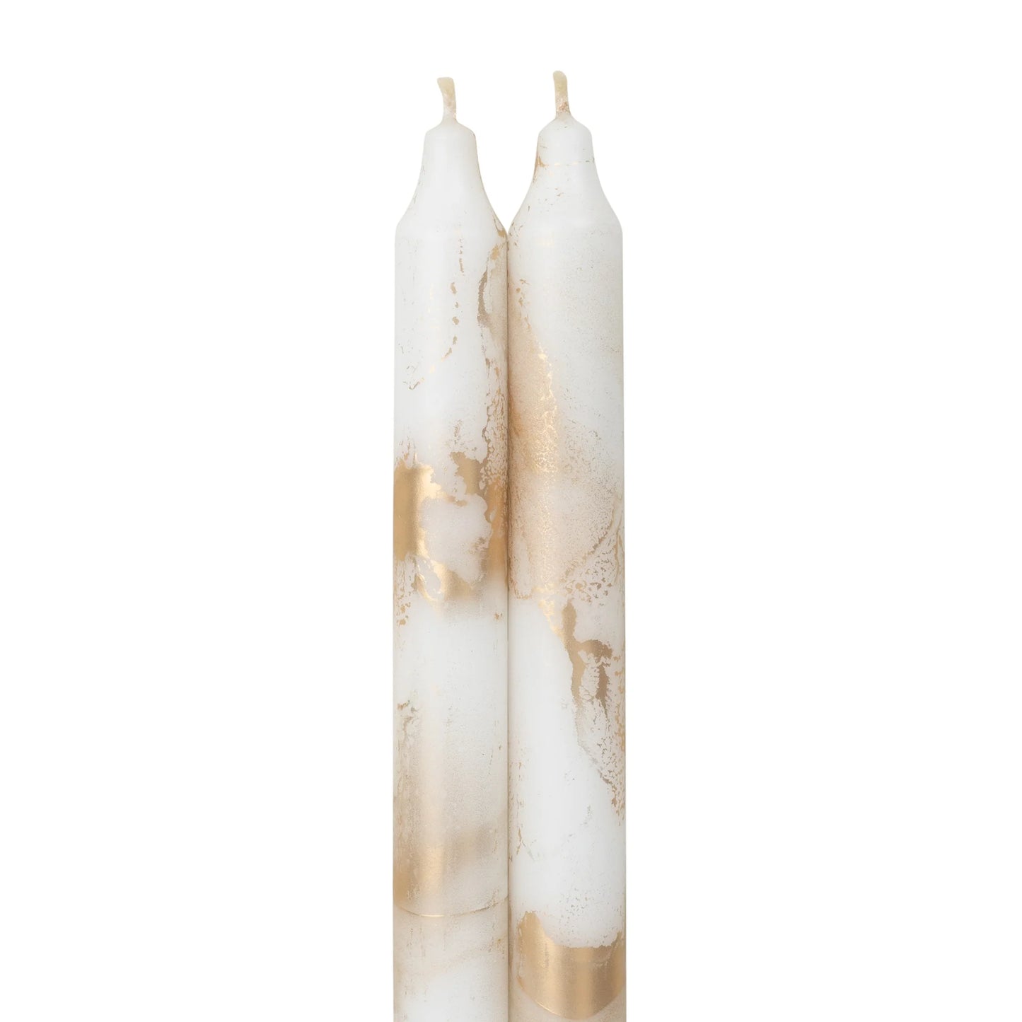 2 pure white and gold marbled taper candles next to each other