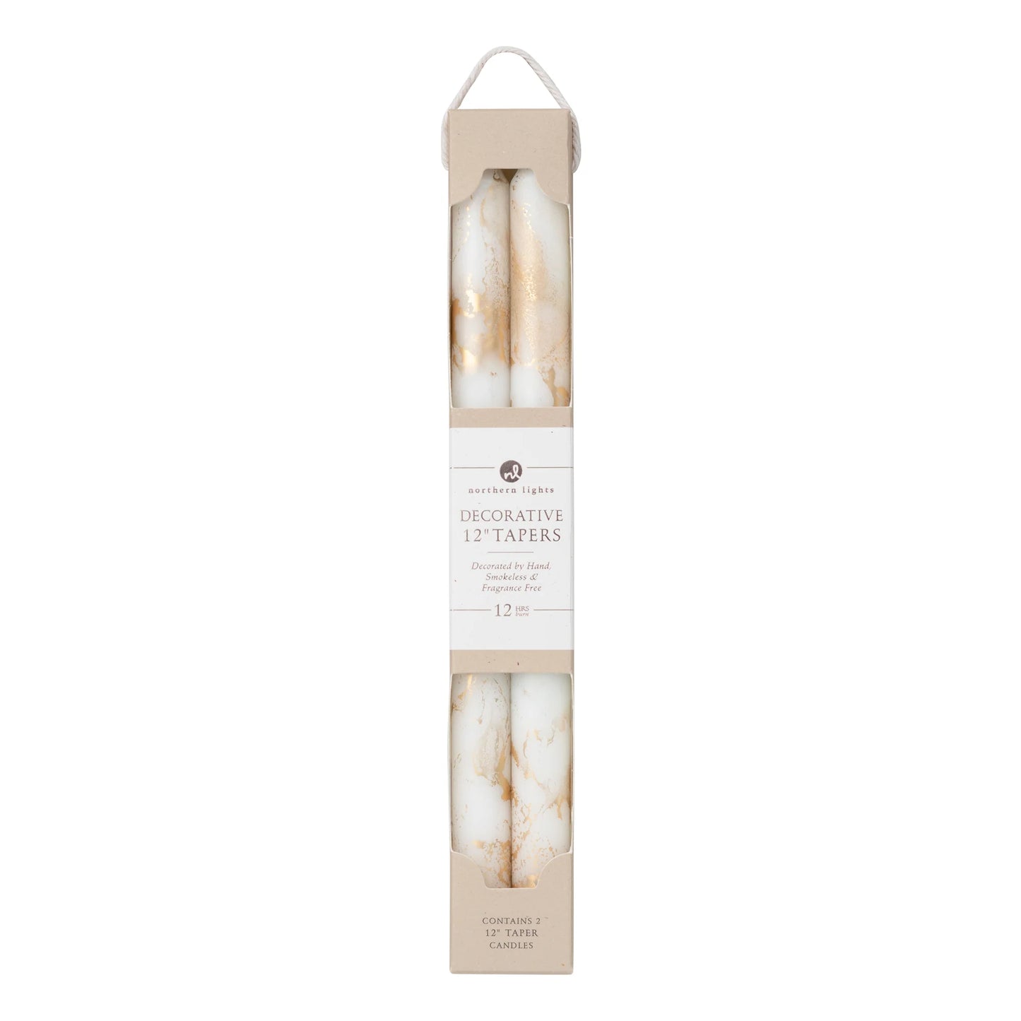 2 pure white and gold marbled taper candles in their packaging