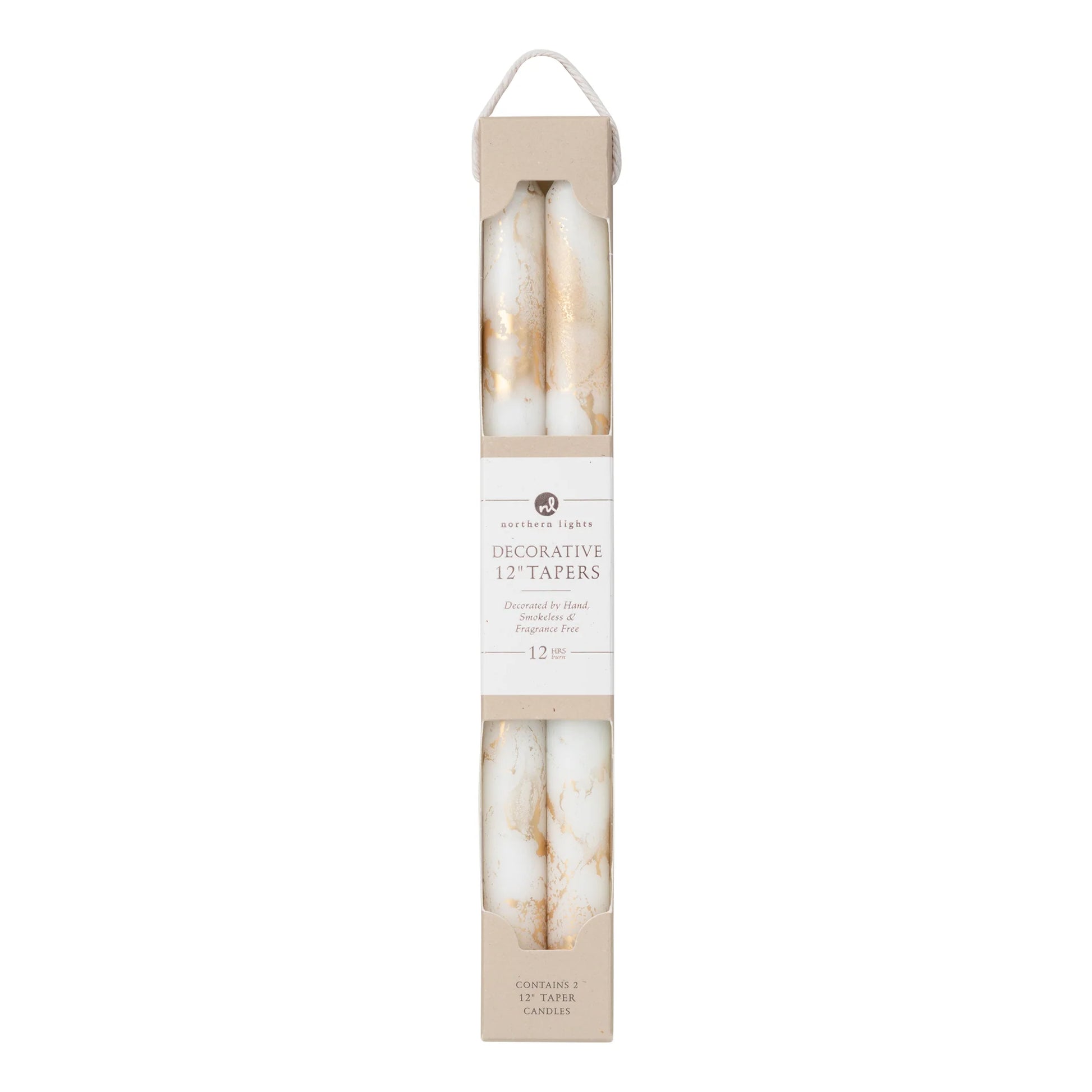 2 pure white and gold marbled taper candles in their packaging