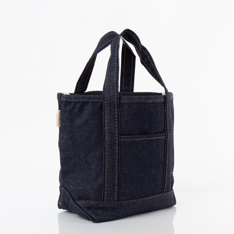 angled view of the denim open tote