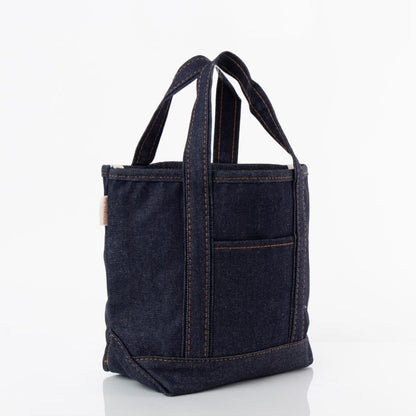 angled view of the denim open tote
