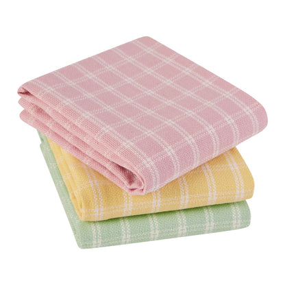 stack of 3 towels with white plaid design in pink, yellow, and green