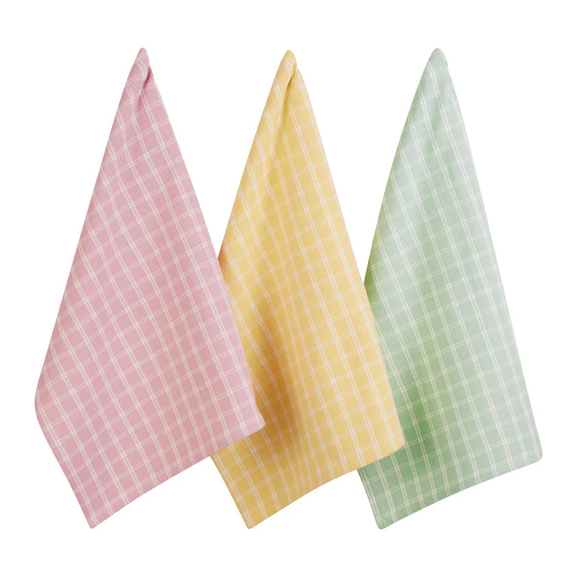Spring Windowpane Plaid Dishtowel Set hung on hooks