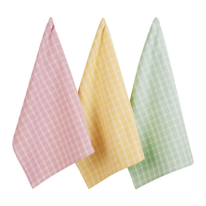 Spring Windowpane Plaid Dishtowel Set hung on hooks