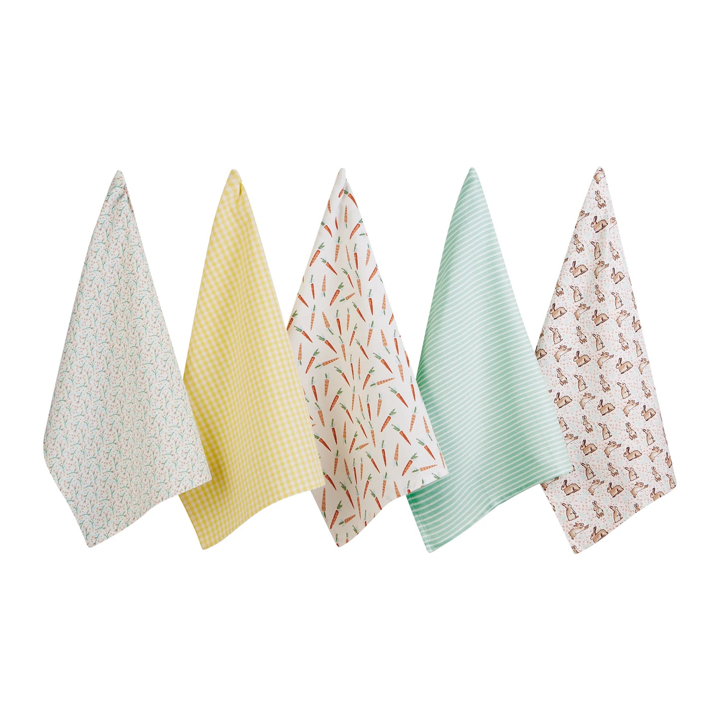 Five patterned towels in different colors draped on a white background