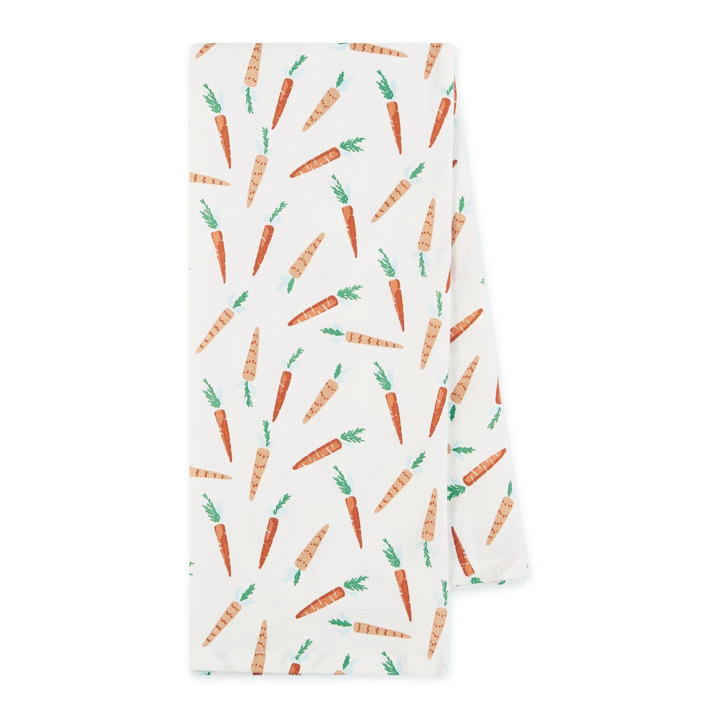 white dishtowel with carrot pattern on a white background