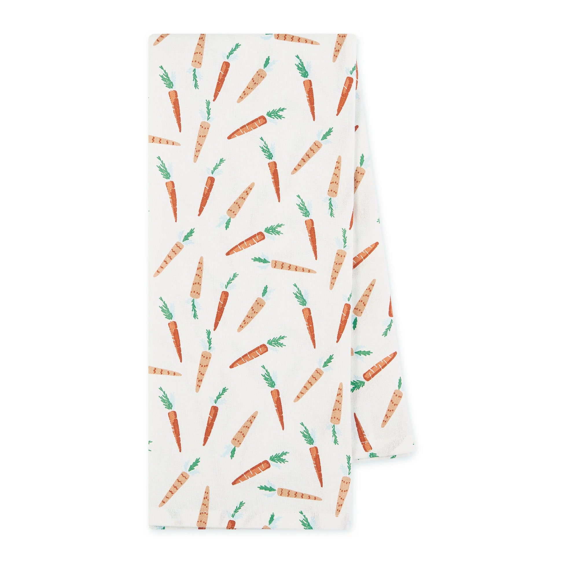 white dishtowel with carrot pattern on a white background