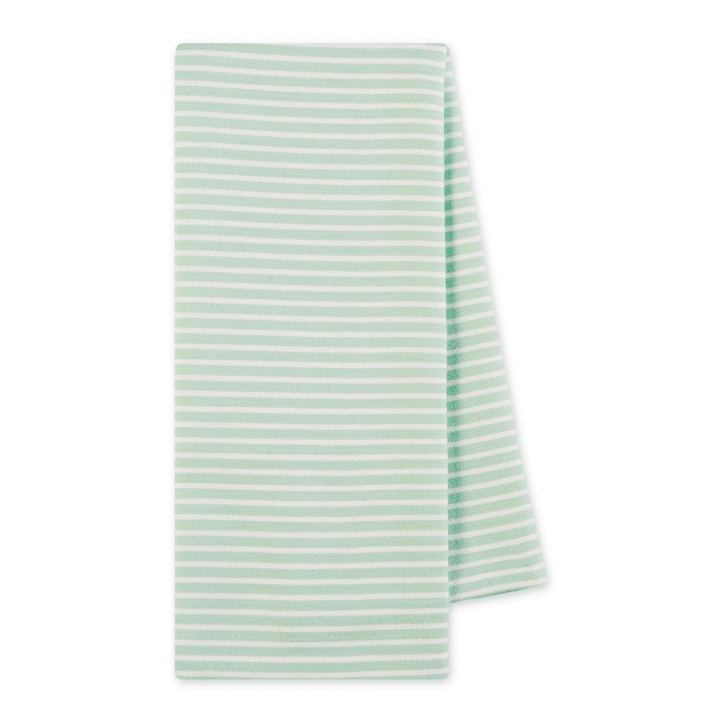 Striped towel with light green and white stripes on a white background