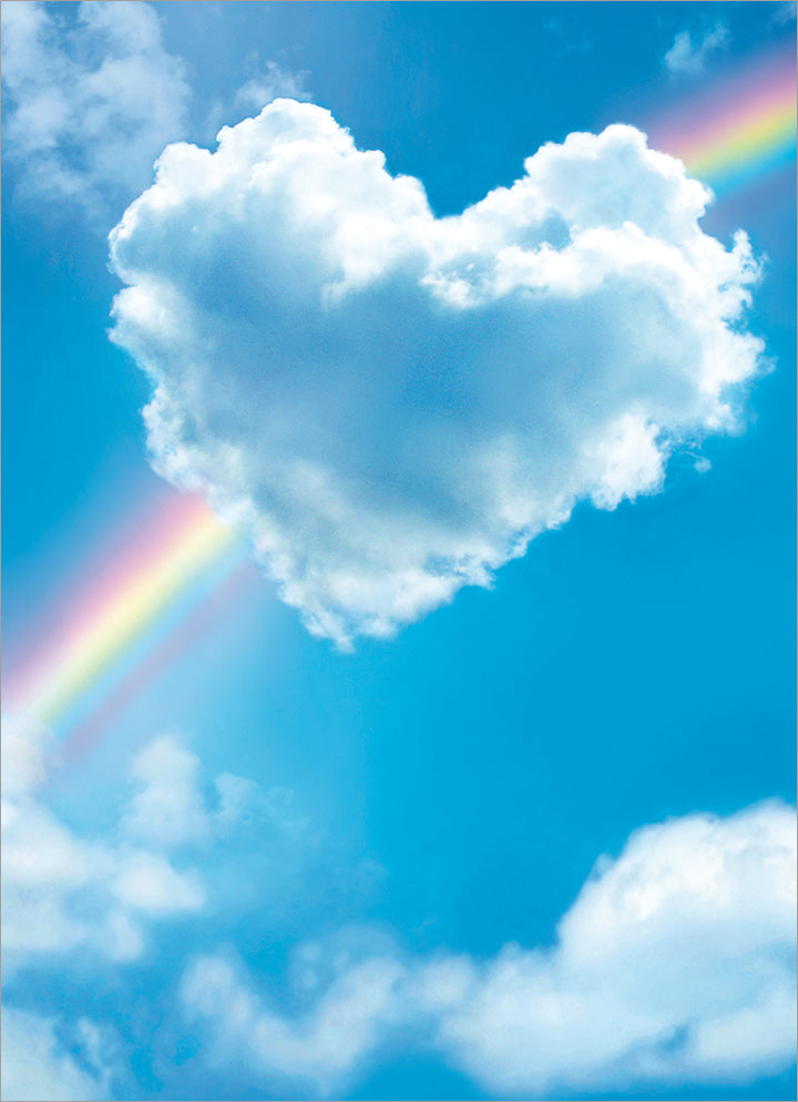 front of card has a heart shaped cloud in front of a rainbow in the sky
