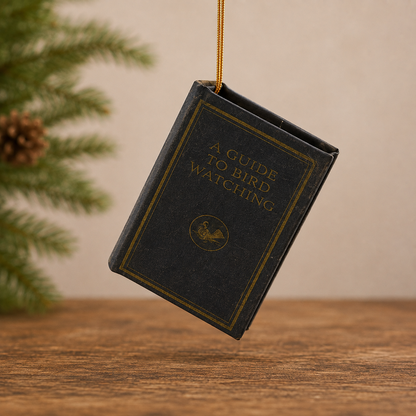 A miniature black book-shaped ornament hanging from a gold string, with the title 'A GUIDE TO BIRD WATCHING' printed in gold on the front, set against a warm beige background with pine branches on the left.