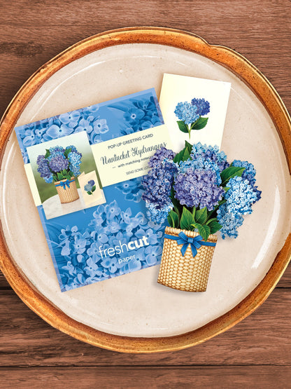 Nantucket Hydrangeas bouquet, enclosure card, and mailing envelope arranged on a tray.
