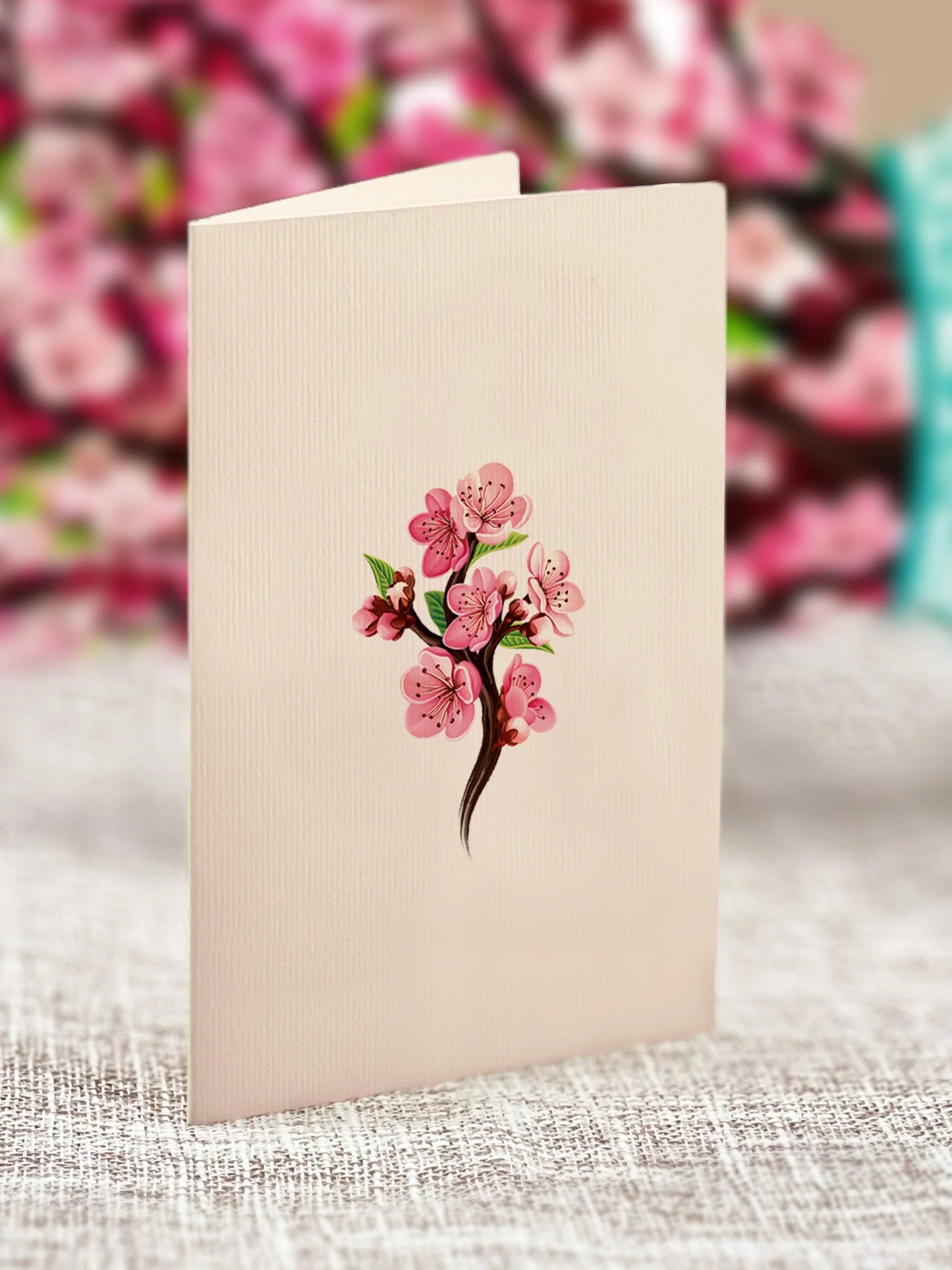 close-up of enclosure card with a sprig of cheery blossoms printed on it.