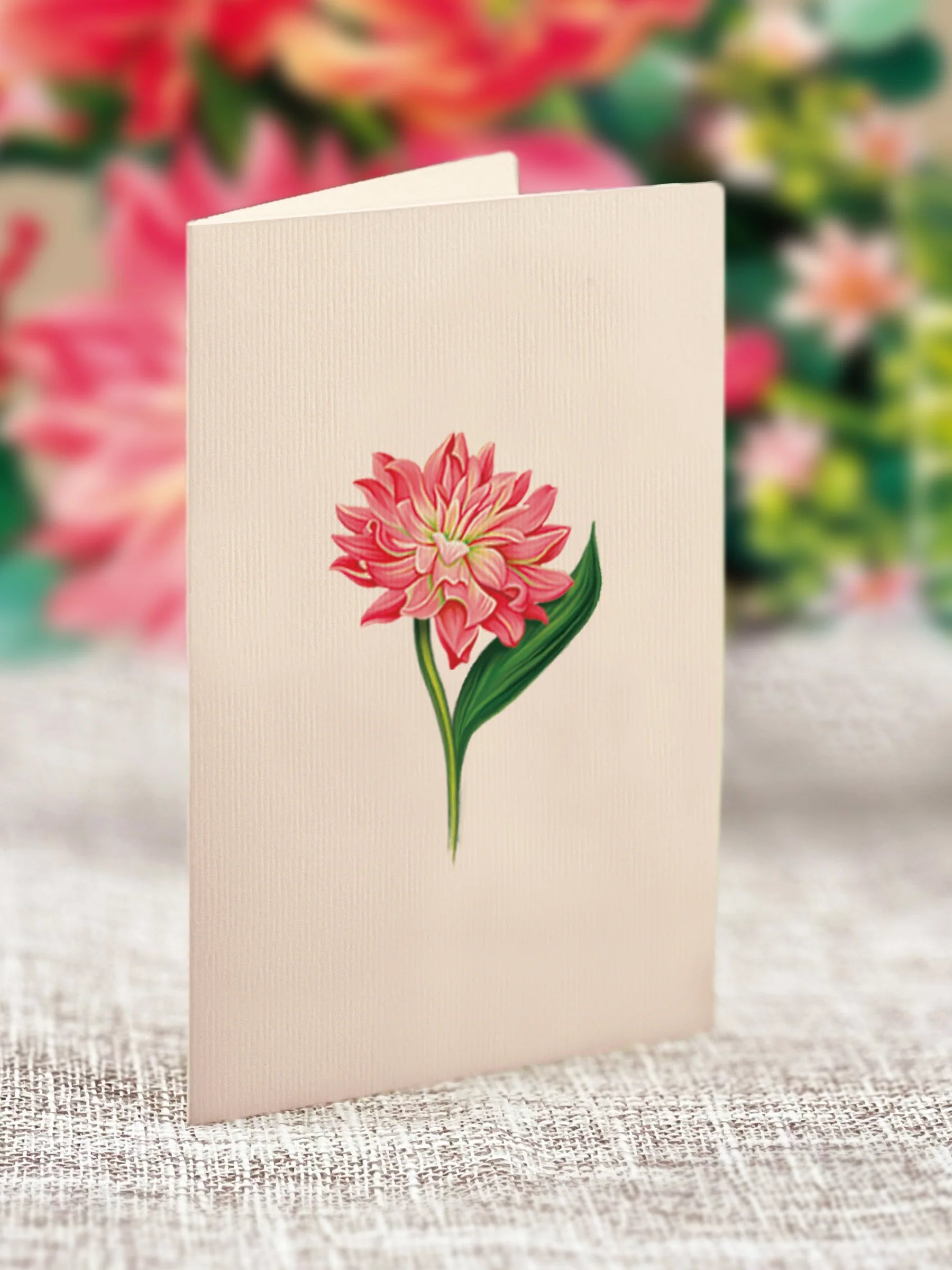 close-up of enclosure card with a dahlia printed on it.