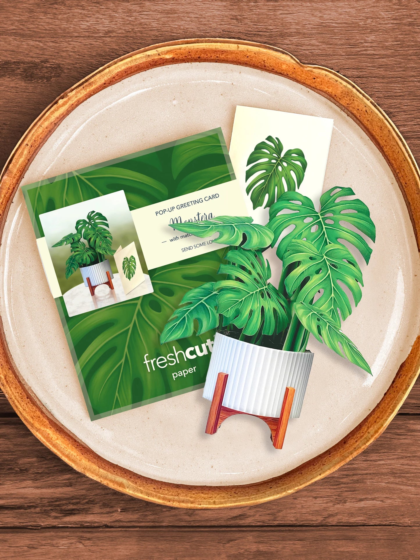 Monstera bouquet, enclosure card, and mailing envelope arranged on a tray.