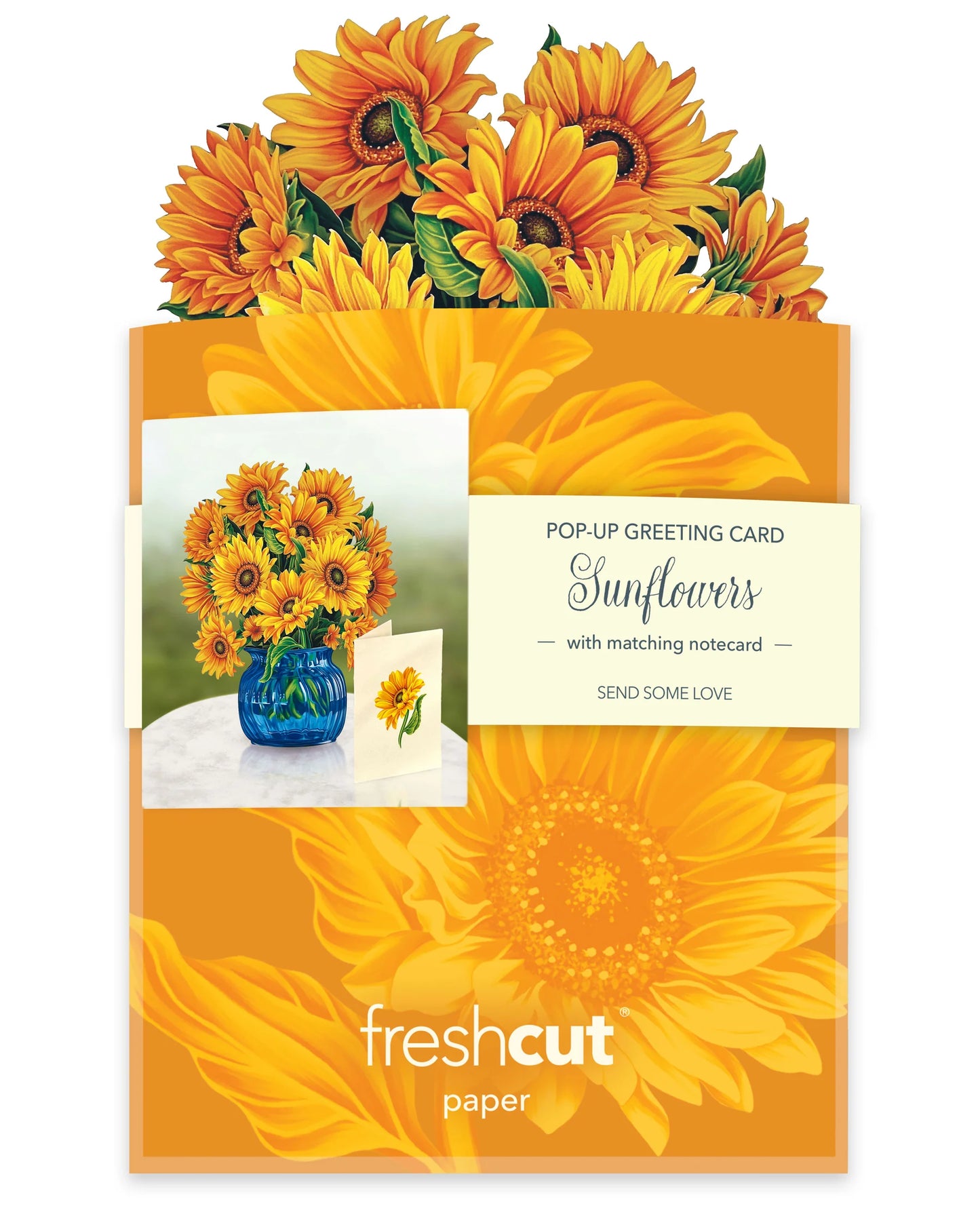 sunflowers Pop-Up Greeting Card coming pit of its yellow envelope.