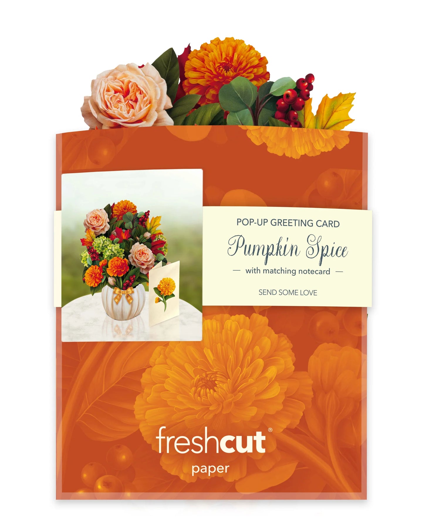 pumpkin spice Pop-Up Greeting Card in its orange envelope.