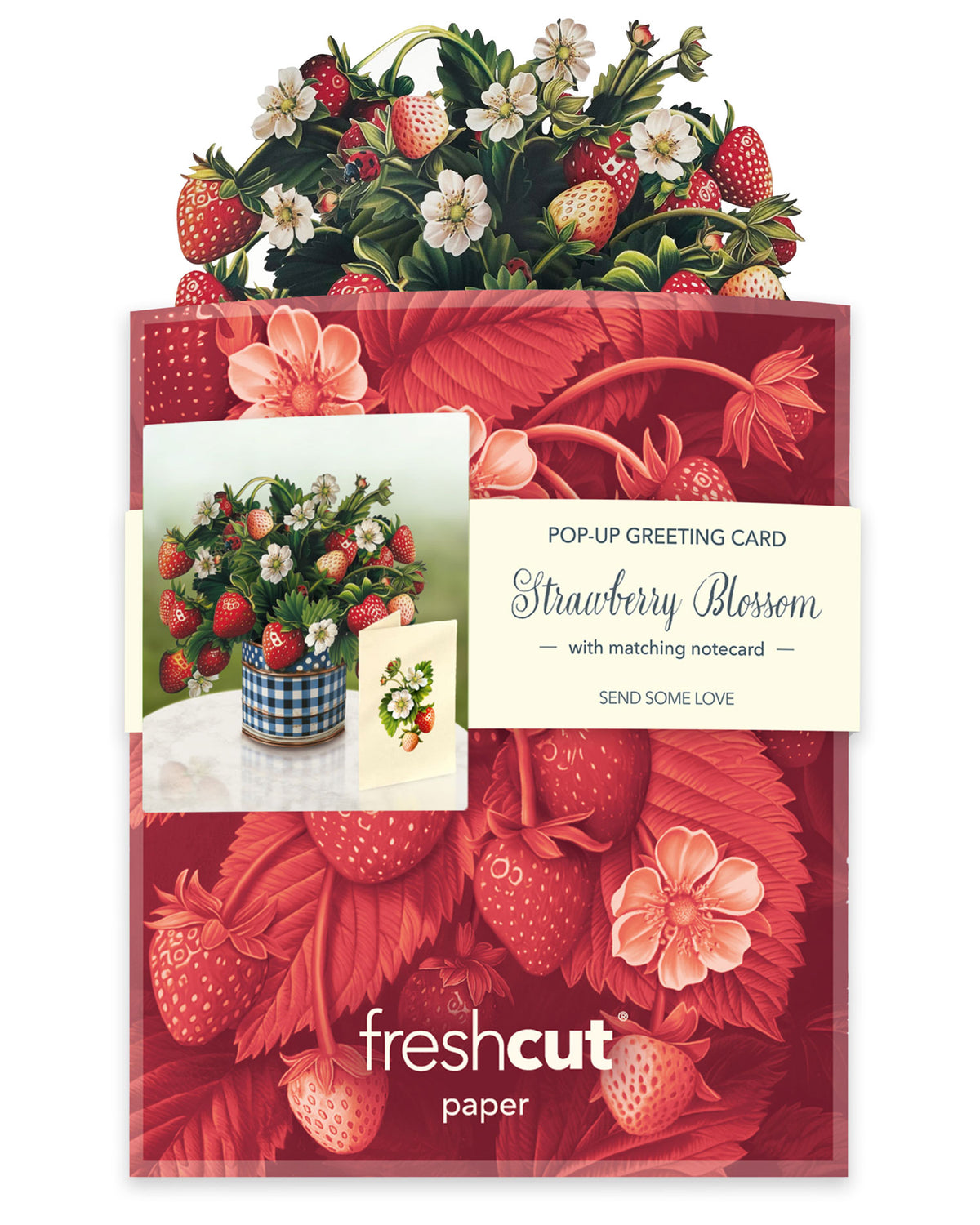 flat pack strawberry blossom greeting card on a white background