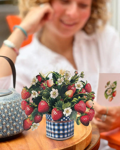 mini strawberry blossom pop up card on a table