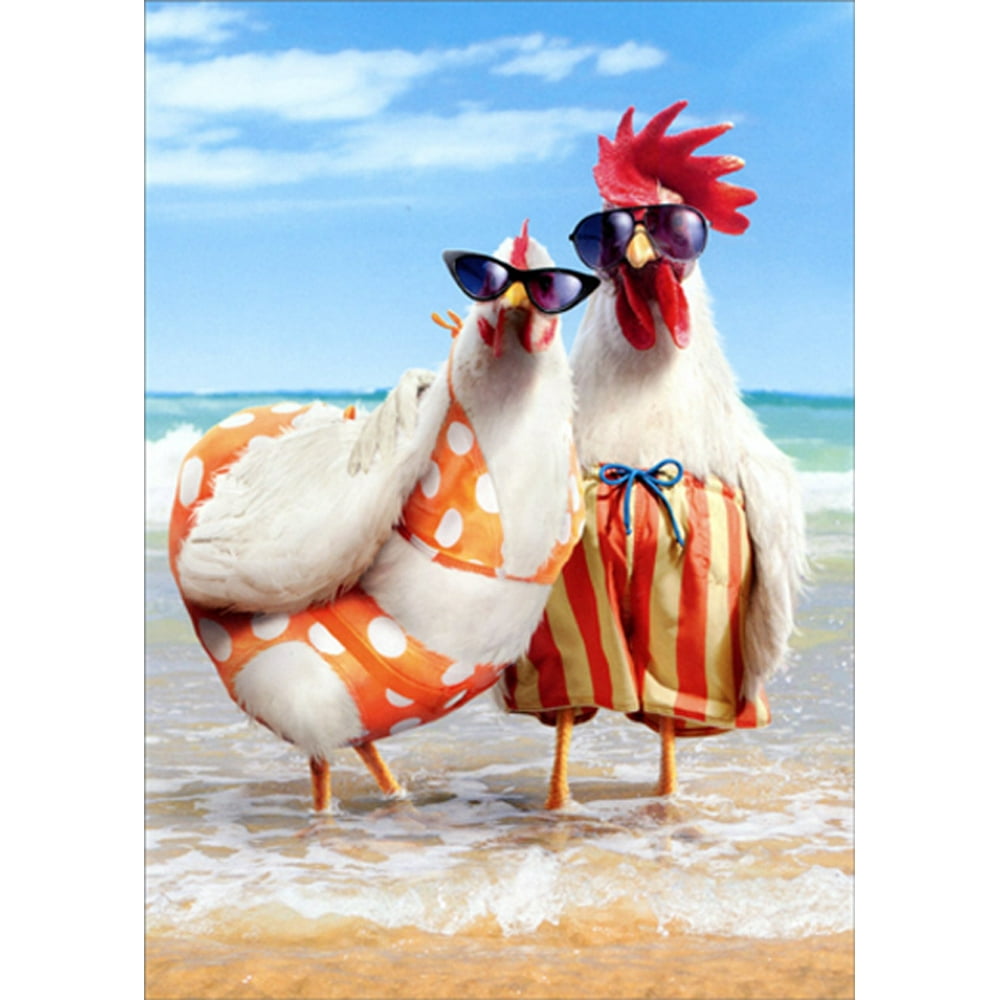 front of card is a husband and wife chicken with swimsuits and sunglasses on standing on a beach