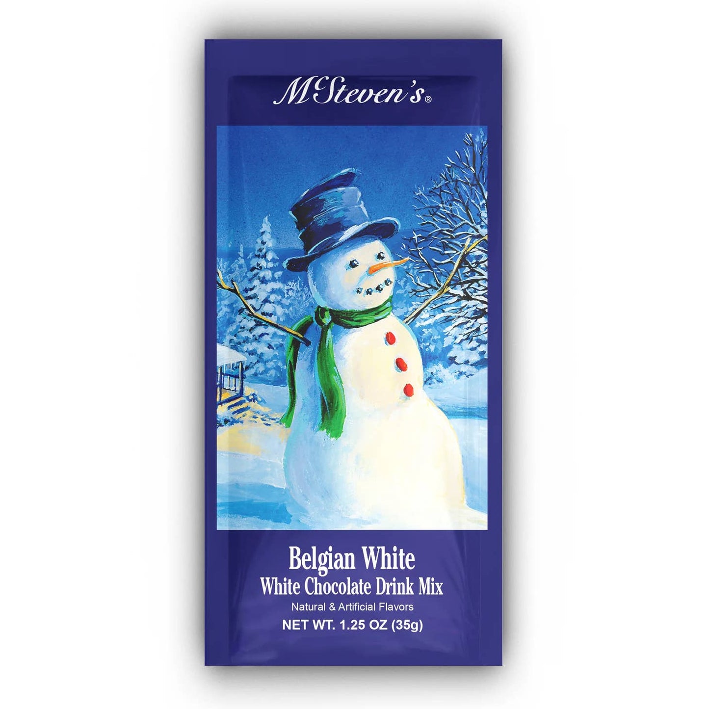white christmas snowman belgian white hot chocolate packet is blue with a snowman on the front