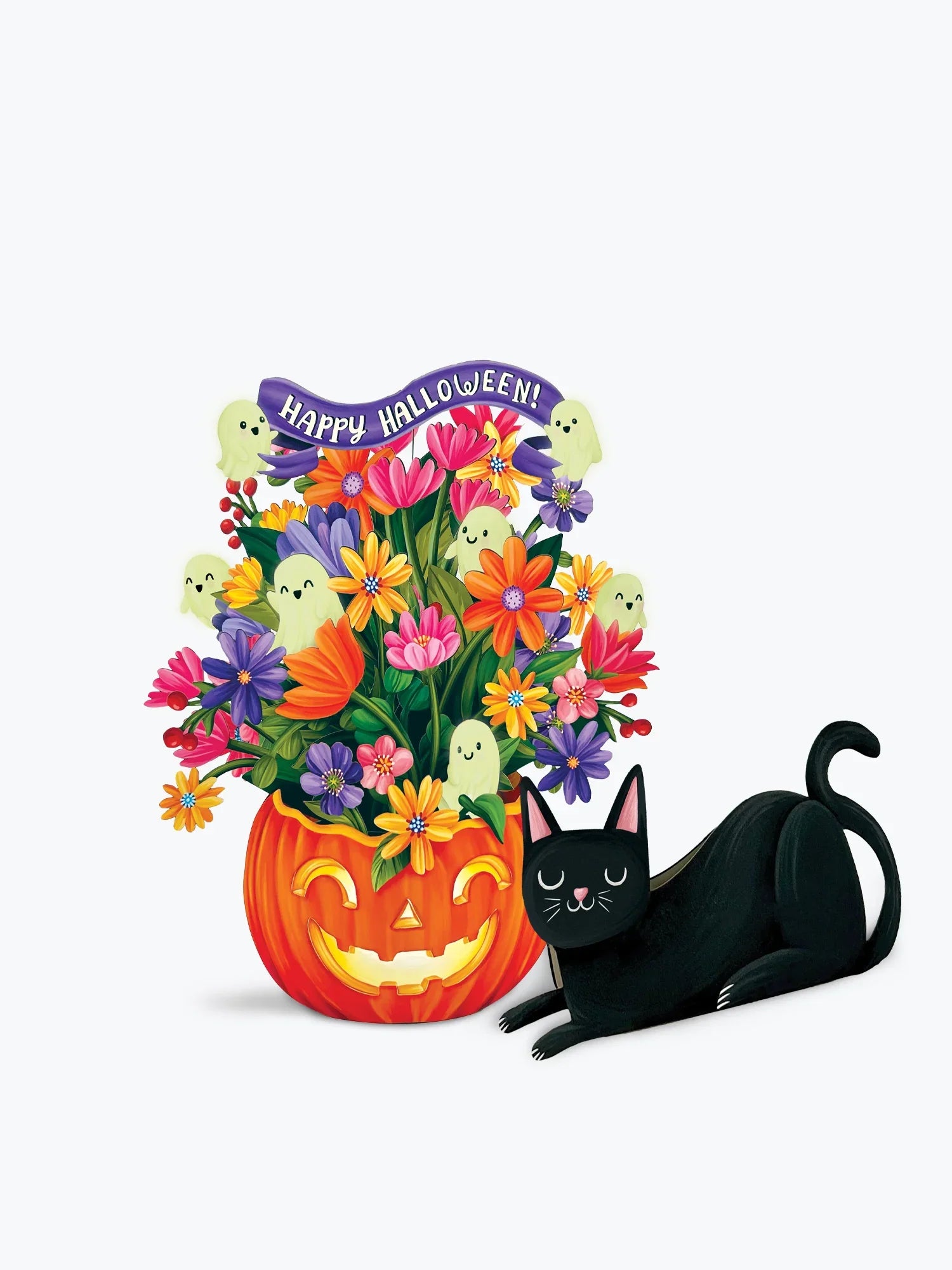 Halloween pop up paper bouquet card featuring a carved orange pumpkin filled with colorful flowers, small ghost figures, and a purple 'Happy Halloween!' banner, next to a black cat on a light gray background.