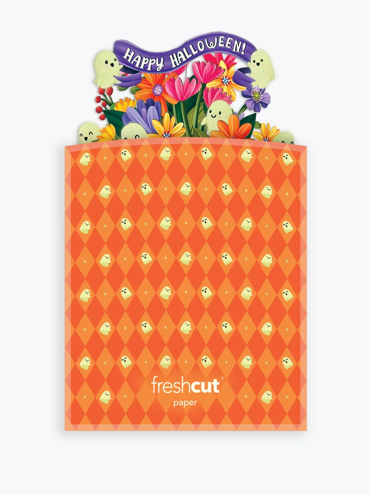 An orange Halloween-themed greeting card envelope with a diamond pattern and a colorful pop-up 'Happy Halloween!' floral and ghost card coming out of it