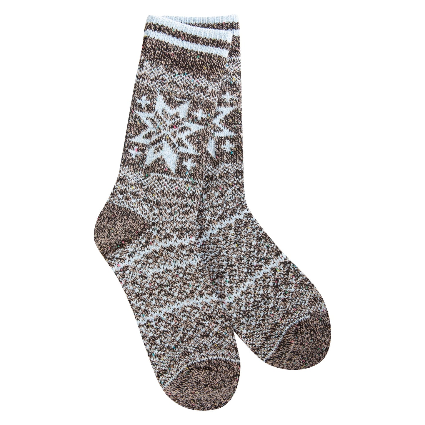 Knitted sock with a snowflake design on a white background