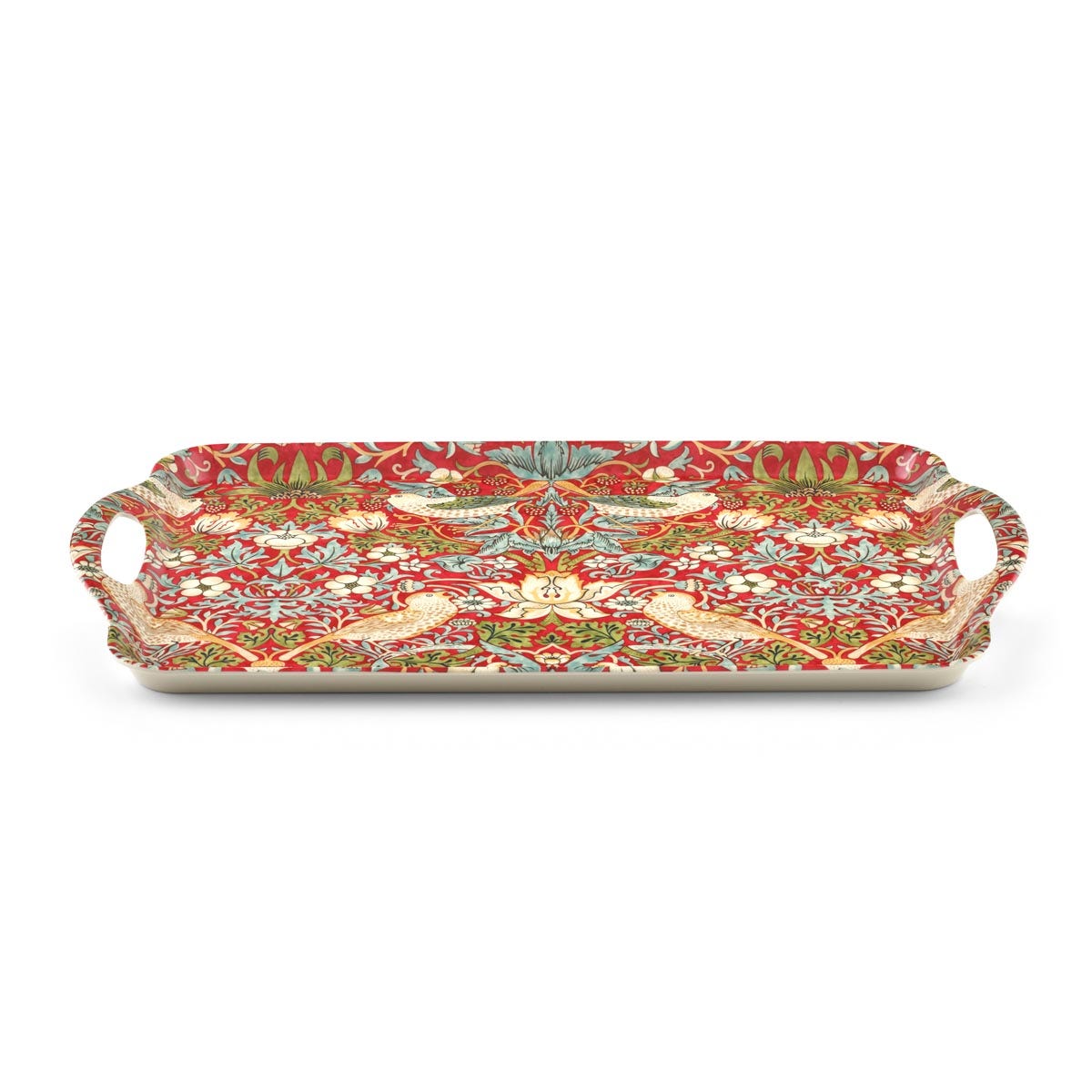 angled view of strawberry thief tray in red