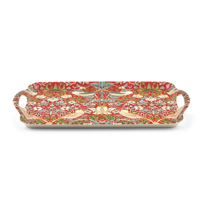 angled view of strawberry thief tray in red