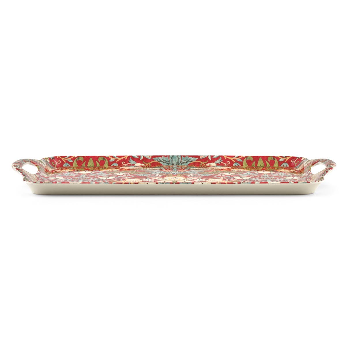 side angled view of strawberry thief tray in red