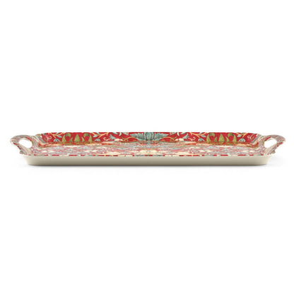 side angled view of strawberry thief tray in red
