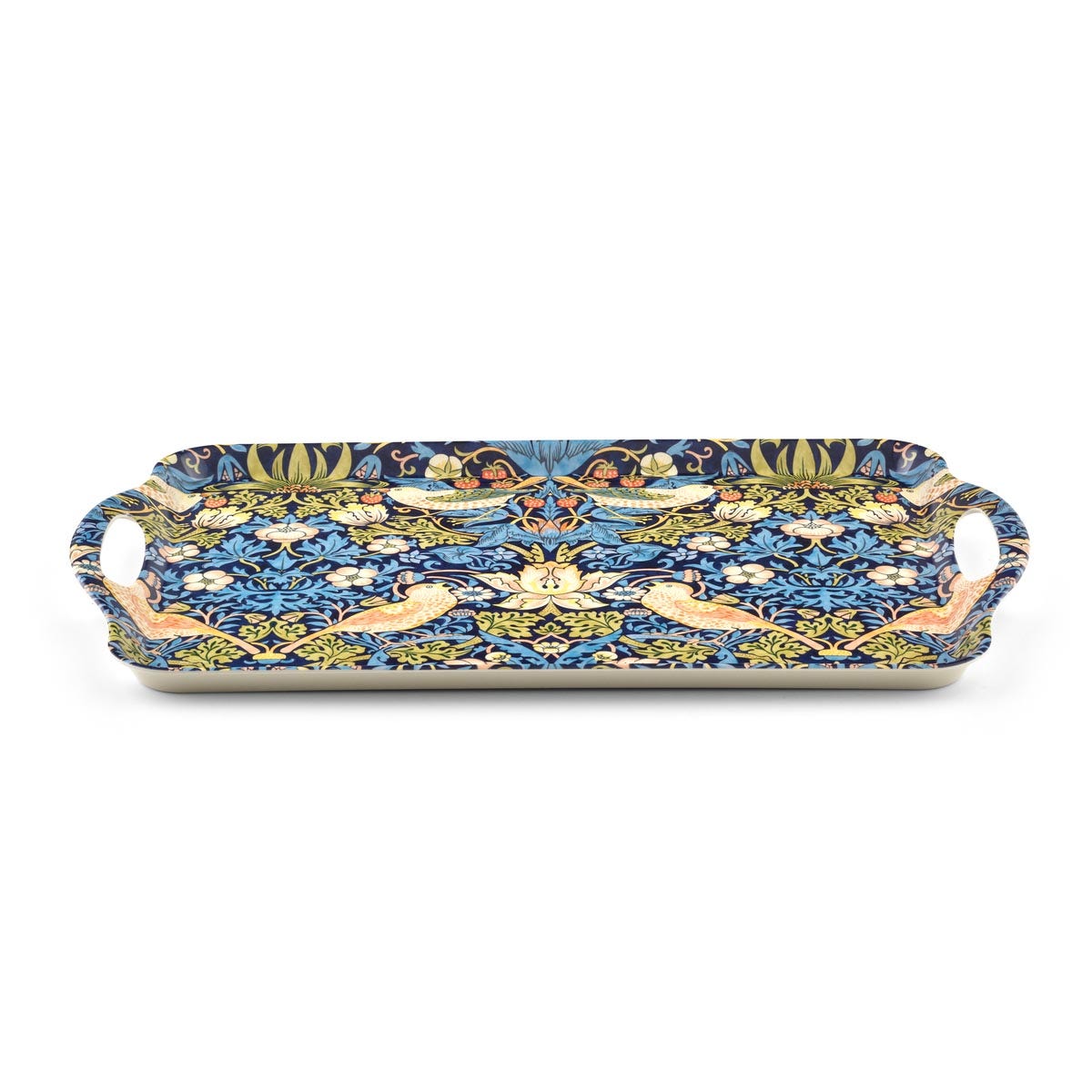 angled view of strawberry thief tray in blue