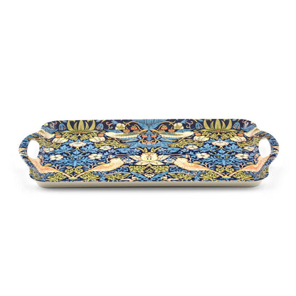 angled view of strawberry thief tray in blue