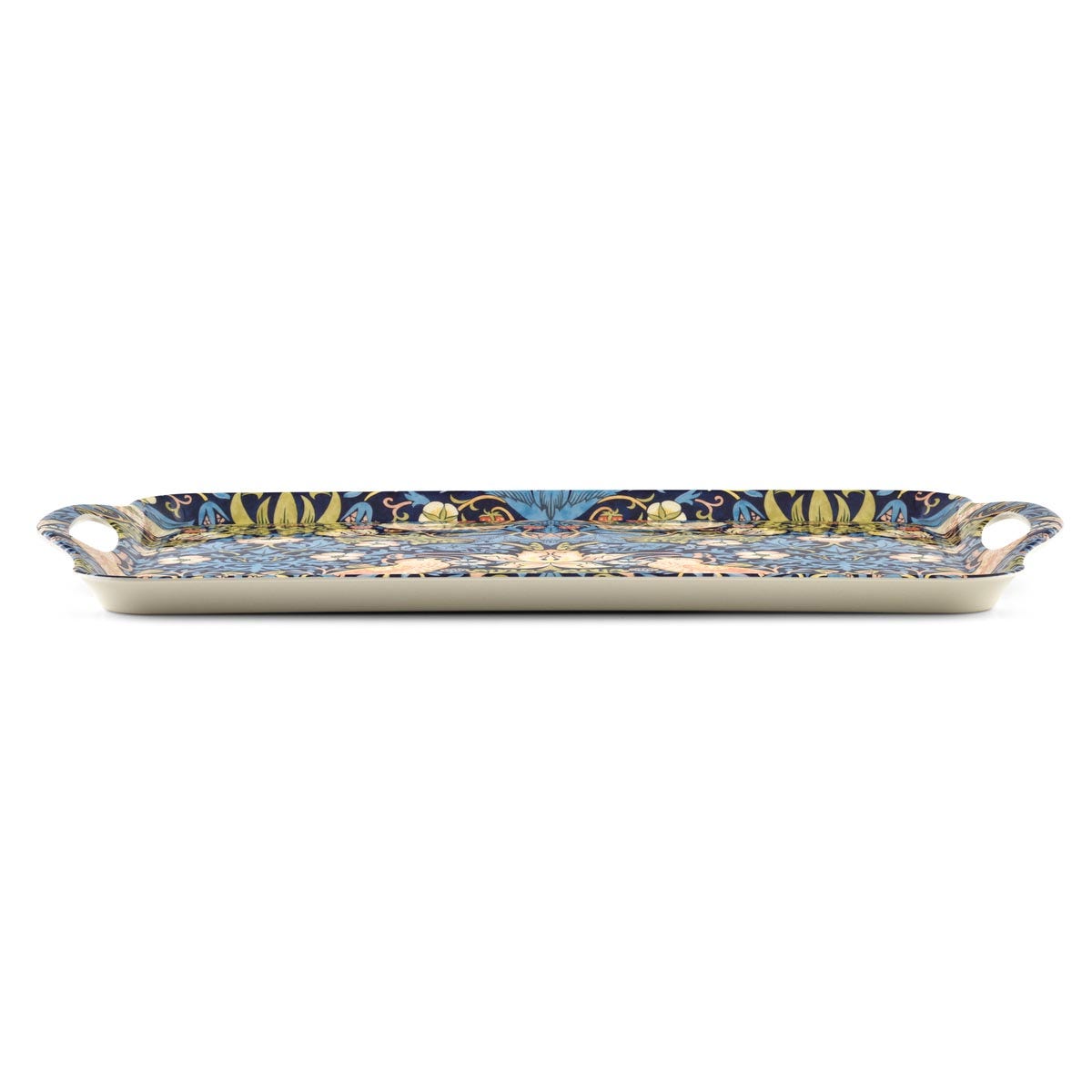 side angled view of strawberry thief tray in blue