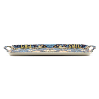 side angled view of strawberry thief tray in blue