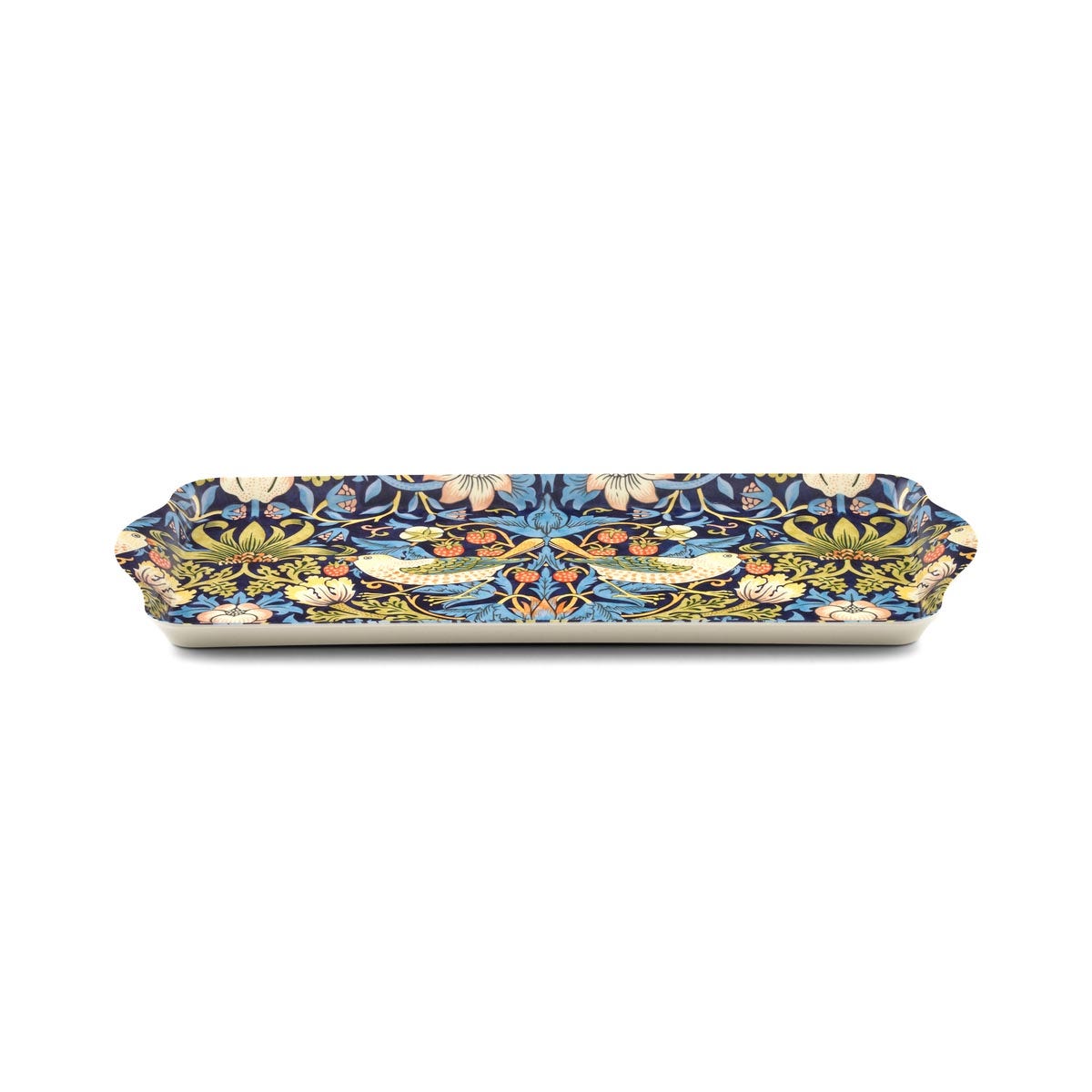 angled view of strawberry thief sandwich tray in blue