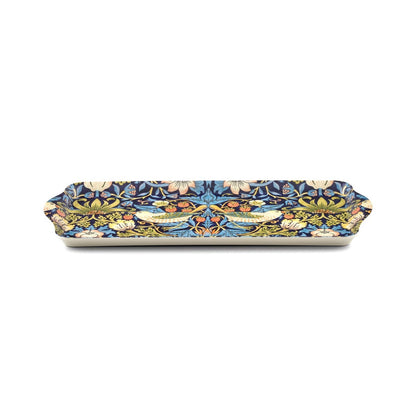 angled view of strawberry thief sandwich tray in blue