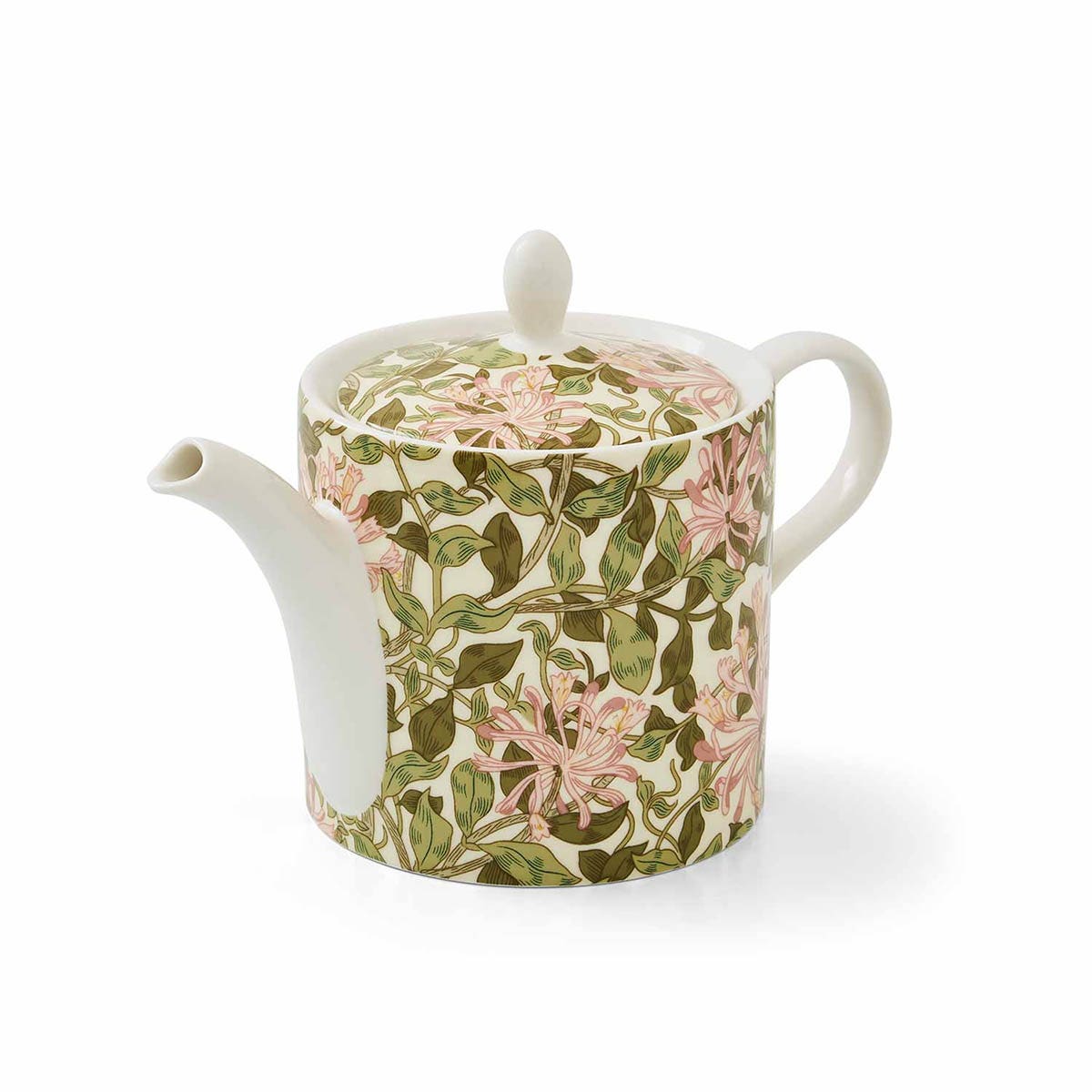 angled view of the honeysuckle teapot on a white background