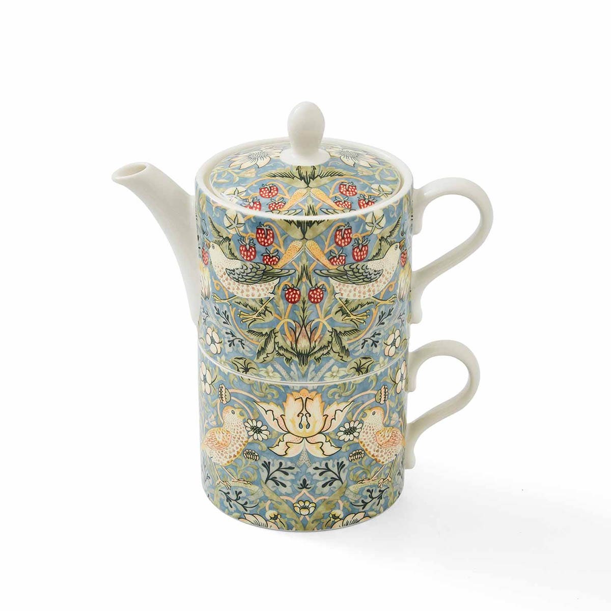 strawberry thief small teapot stacked on top of a strawberry thief mug on a white background