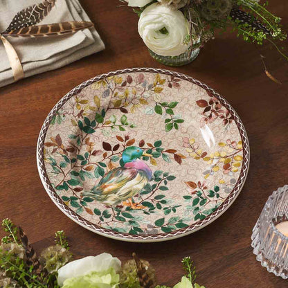 mallard duck salad plate on a set wooden table with florals and table linens