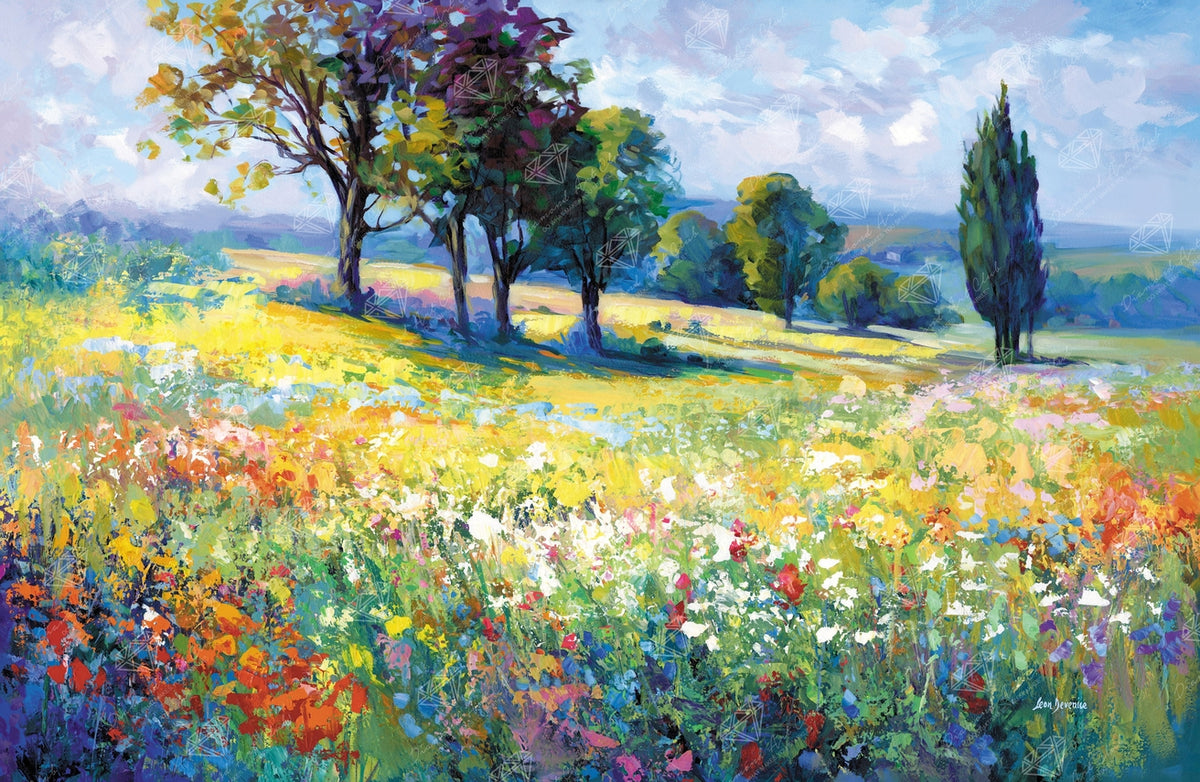 wildflower Field and trees in the summer countryside artwork