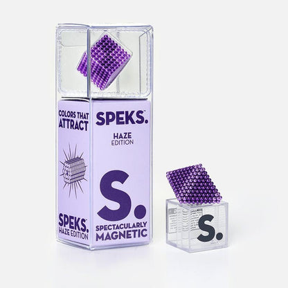 front view of speks tones haze magnet balls in packaging and another set out of box made into a geometric shape
