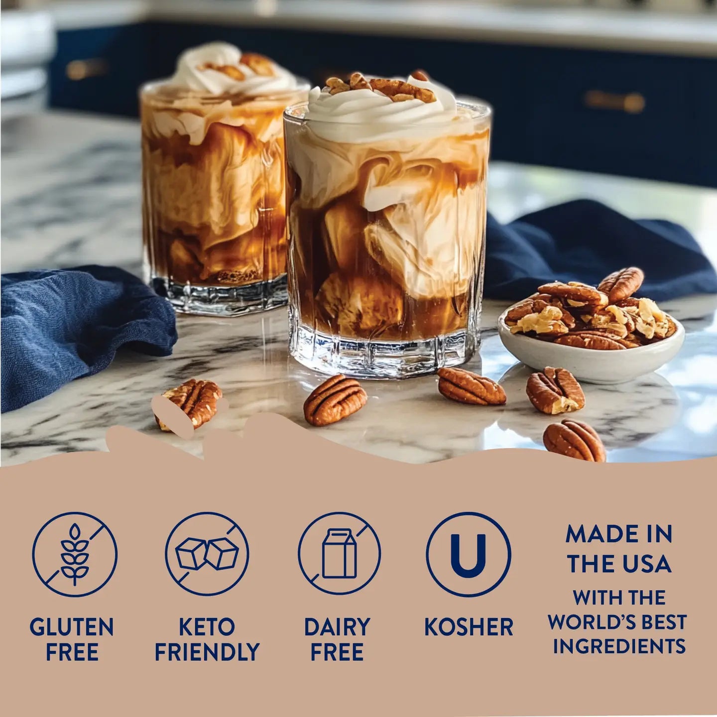 2 beverages in glasses with a bowl of pecans set on a table with text about Maple Bourbon Pecan Sugar Free Syrup across the bottom