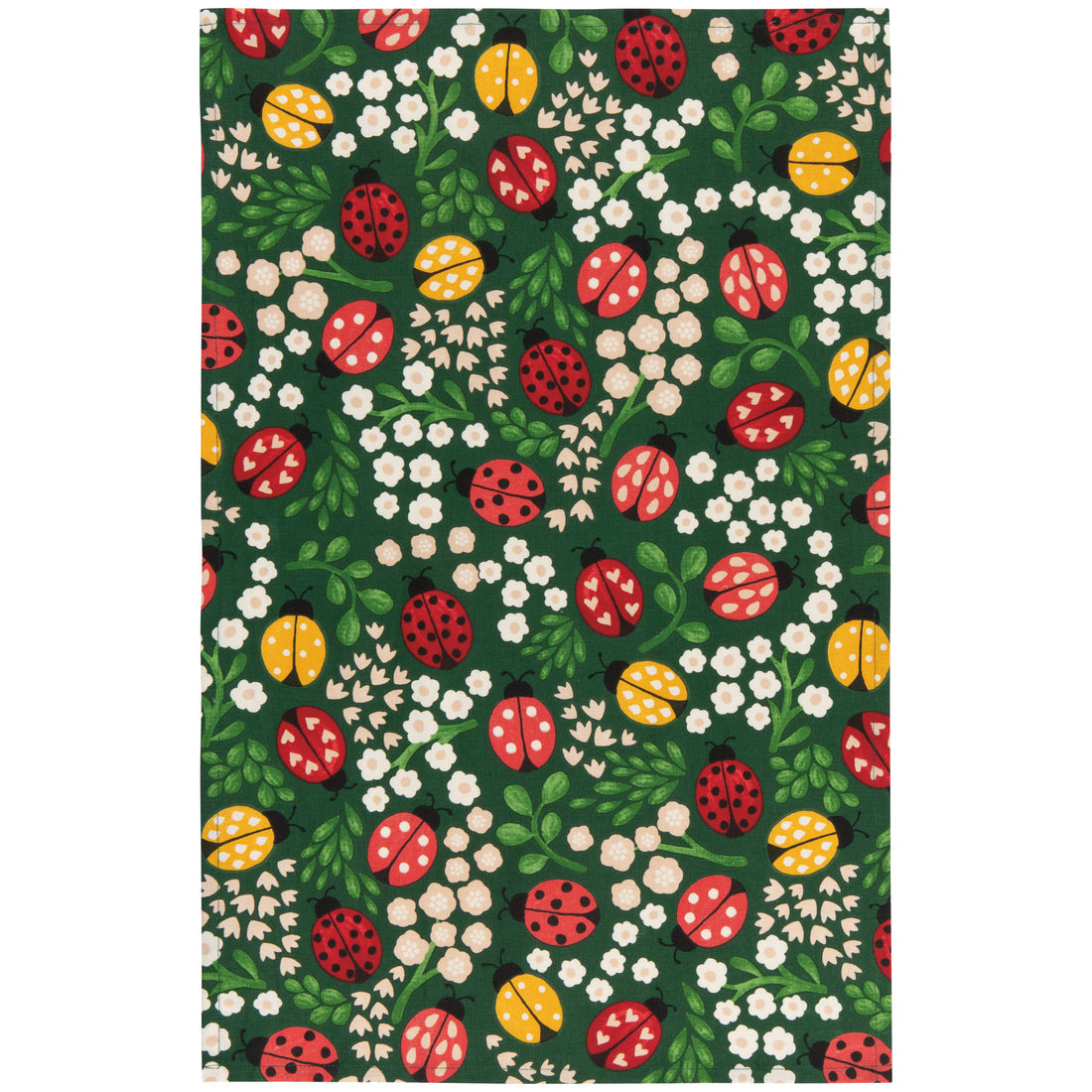 green dishtowel with white flowers and red ladybugs printed on it