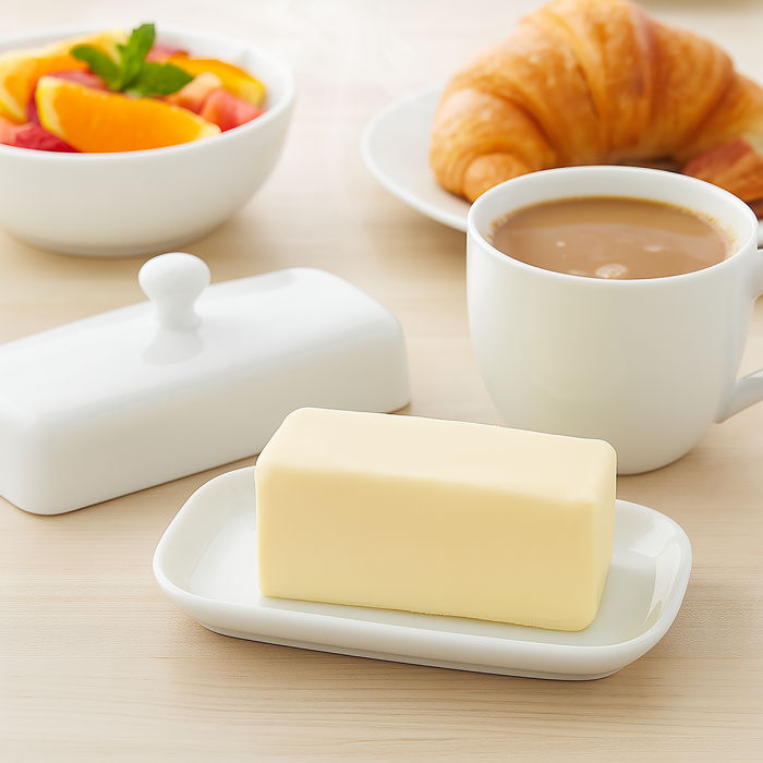 Butter on a plate with a cup of coffee, croissant, and fruit bowl in the background.
